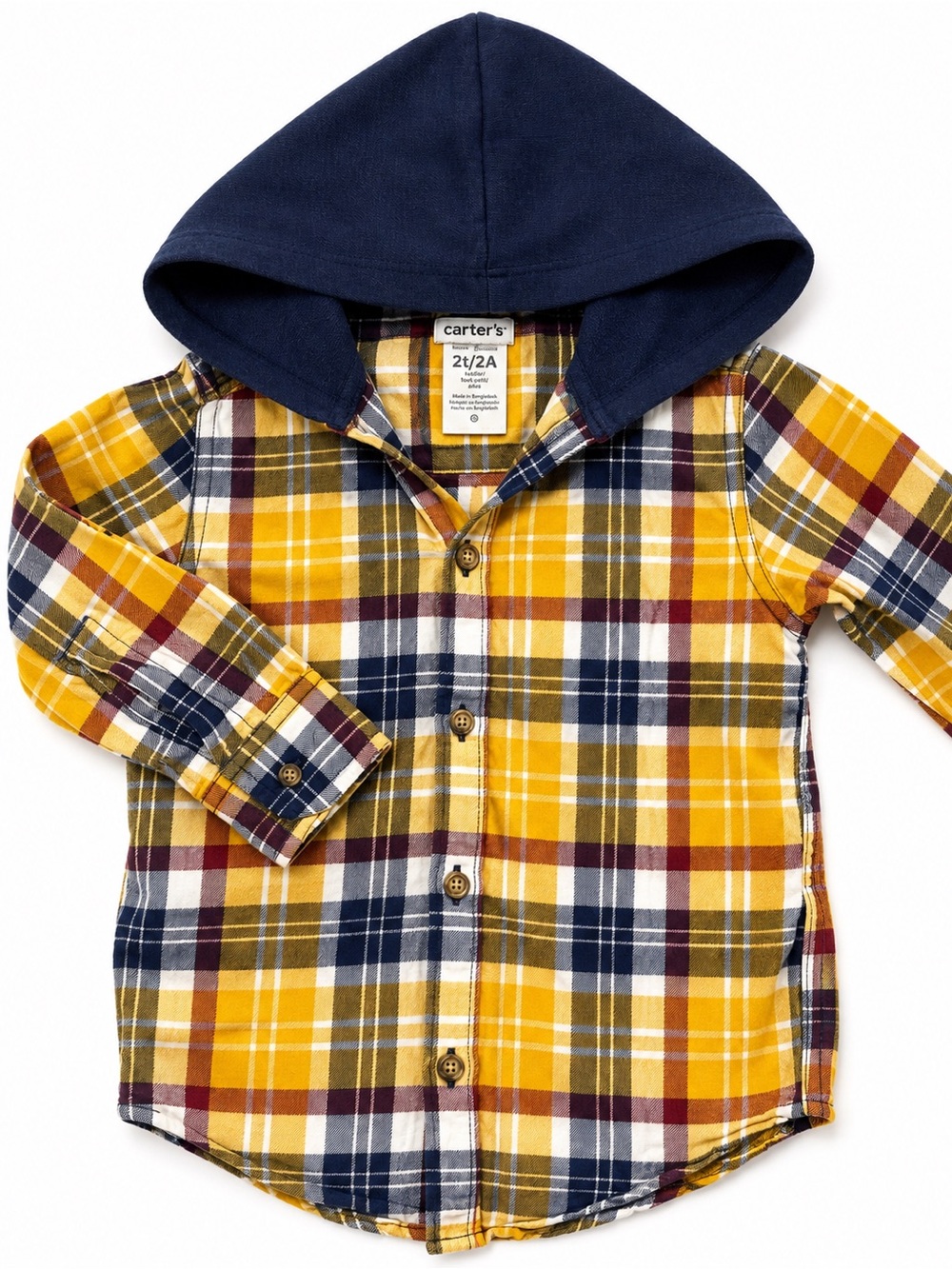 Carter's Yellow Plaid Hooded Button-Down Shirt with Navy Hood